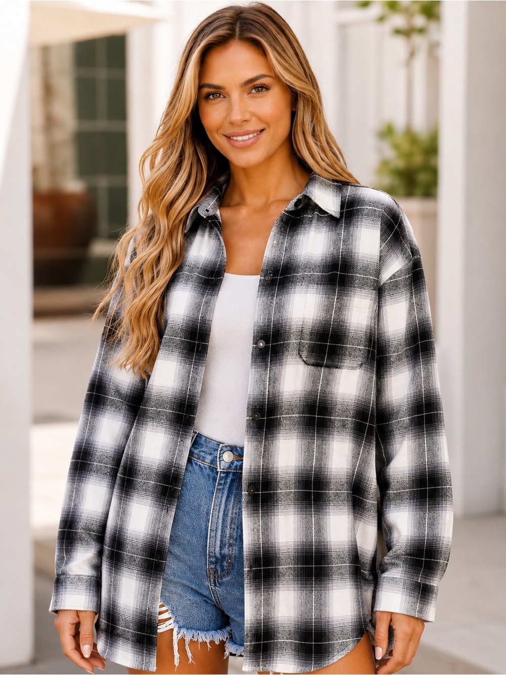 Levi’s Kenna Womens Oversized Plaid Flannel Button Down Shirt Black White Small
